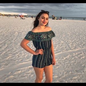 Blue floral and striped romper